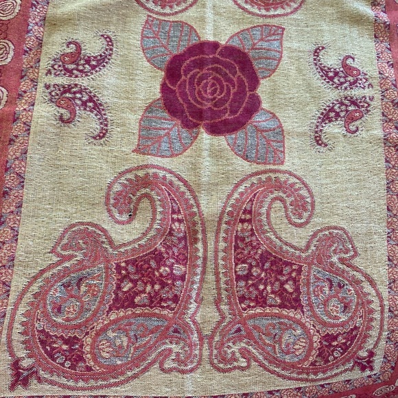 Red, Gold, Silver Pashmina Wrap/ Stole w Tassel Fringe, Roses & Paisley Print - Picture 3 of 14